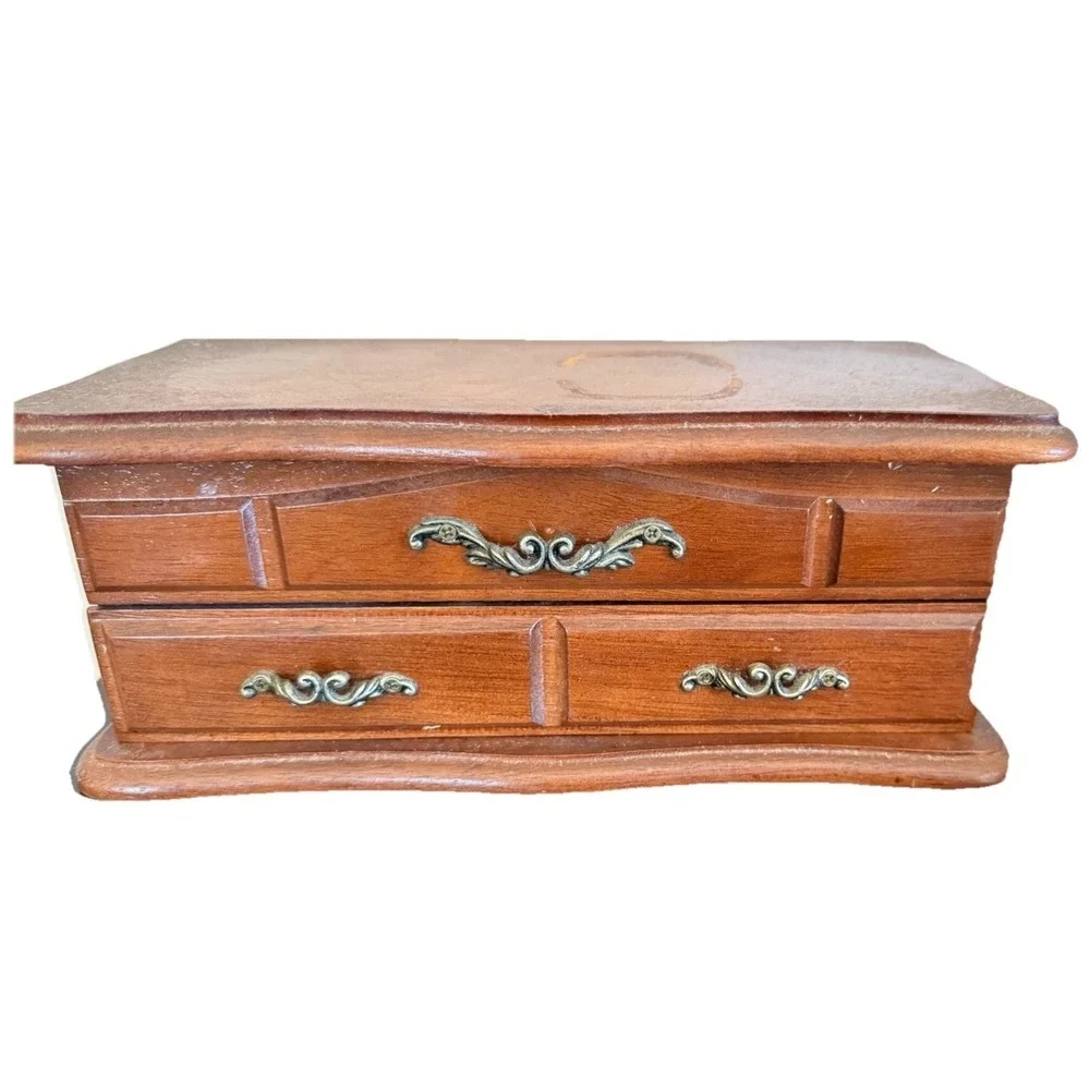 Vintage Wooden Velvet Lined Jewelry‎ Box Drawers Mirror Inside Lid 4 x 5 x  10